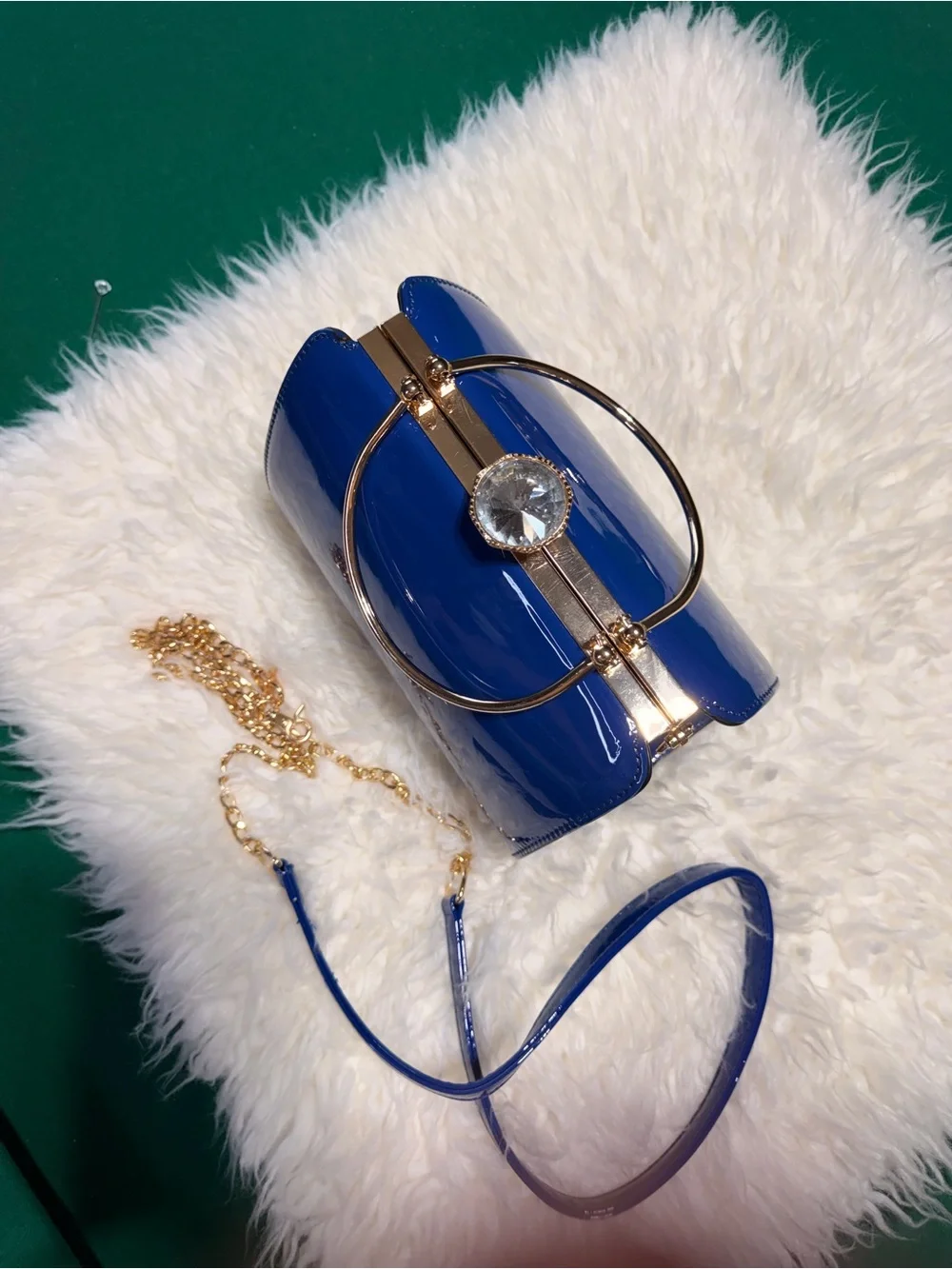 Elegant Royal Blue Patent Top-Handle Bag with Gold Chain